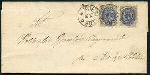 AFA 23 1875. 4 Øre, gråblå, tr. VI, parstykke på brev sendt fra ROSKILDE 31.10. til Gjørselev Sogneraad pr. Borup Station