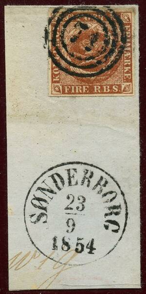 AFA 1 IIIe 1854. FIRE R.B.S., kastaniebrun, plade IV, nr. 66,, på smukt brevstykke annulleret NUM 71 og sidestemplet SØNDERBORG 23.9.1854.