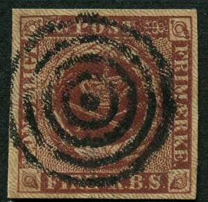 AFA 1 1851. FIRE R.B.S. FERSLEW, Plade I, nr. 5 annulleret med stumt ringstempel. Attest Møller, 1996