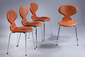 Arne Jacobsen. Et sæt på fire stole, Myren, model 3101, cognacfarvet anilin læder, Siddehøjde 46,5 cm. 4