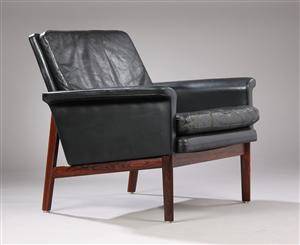 Finn Juhl. Lænestol, sort læder, palisander, model 218.