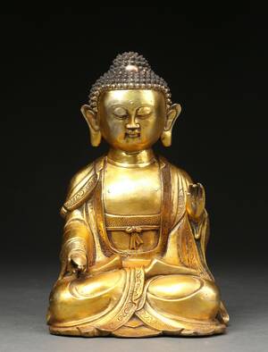 Siddende Shakyamuni Buddha af forgyldt bronze, Kina, 1900-tallet