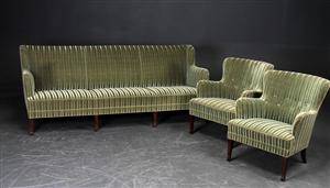 Frits Henningsen. 3-personers sofa samt par lænestole, stribet grøn velour, 1900-tallet 3