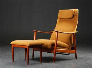 Lænestol af teak og uld, med skammel, 1950erne, dansk møbeldesign 2