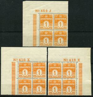 1917. AFA 77, Bølgelinie, 1 Øre orange. Marginalblokke No 418 X 2 og No 452 J - postfriske –º