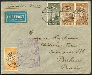 AFA 216,219,220 1934. Luftpost, 10 Øre, orange, 50 Øre, grå og 1 Krone, brun 2 på brev sendt fra København 3.1.1936 til Bahia, Brasilien.