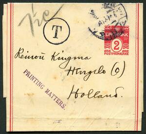Skilling 5 1905. Korsbånd. Bølgelinie, 2 Øre rød sendt fra København, til Holland. Underfrankeret - porto skulle være 5 øre. Opkrævet dobbelt manglende porto 6 øre, der omregnet til 7½ centimer