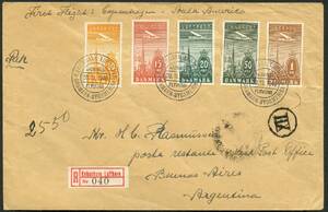 AFA 216-220 1934. Luftpost. Komplet sæt på kuvert fra 1. flyvningen Danmark-Sydamerika. 30.11.1946.