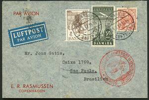 AFA 212,219,240 1933. Christian X, 2 Kroner, brunrød, Luftpost 50 Øre, grå og Christian X sølvjubilæum på luftpostbrev fra København til Sao Paulo, Brasilien.