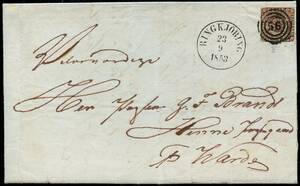 AFA 1IIa 1853. FIRE R.B.S., Thiele II, Plade II, Position 43. Brev med fuldt indhold sendt fra RINGKJÖBING 23.9.1853 til Henne Præstegaard pr. Varde. Annulleret med nummerstempel 56.