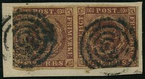 AFA 1 1851. FIRE R.B.S. Ferslew, chokoladebrun parstykke. Annulleret med stumt stempel.