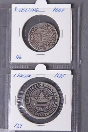 To Christian IV mønter, 8.skilling og 1.krone 1608 og 1625 2