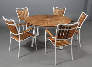 Daneline Havemøbler. Rundt havebord samt fem armstole, teak 6