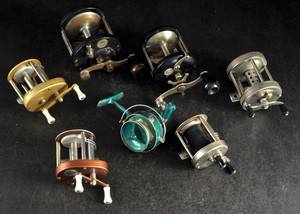 Samling vintage fiskerullar, bla Ocean City 7