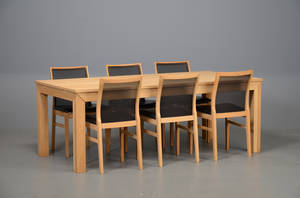 Snedkergården og Høffer Larsen Spisebord samt 6 stole af eg, 2 tillægsplader 9