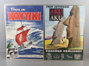 FILMAFFISCHER, 2 st, Filmen om Kon-Tiki samt Aku Aku Påsköns hemlighet, Thor Heyerdahl.