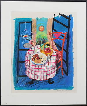 CLARENCE CHRISTOFFER. Pastell, interiör med cafe bord, signerad.
