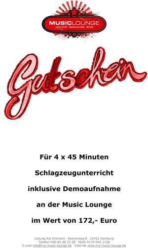 Gutschein für 4 x 45 Minuten Schlagzeugunterricht von Music Lounge