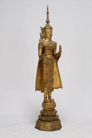Stående buddha Rattanakosin stil af forgyldt bronze, 19. årh.s anden halvdel