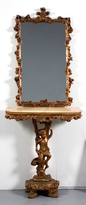Konsolbord med putti, spejl samt to lampetter i messing, ny rokoko-stil 4