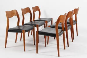 N.O. Møller. Et sæt på seks stole i teak, model No. 71. 6