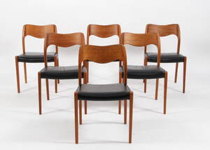 N.O. Møller. Et sæt på seks stole i teak, model No. 71. 6