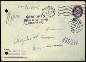1945. Brev sendt lokalt i KØBENHAVN 8.11.45 til LANDSSVIGER indsat pÃ¥ KASTELLET, der i mellemtiden var overført til ALSGADES SKOLE. Censurstempel CENSORED BRITISH MILITARY MISSION DENMARK. –º