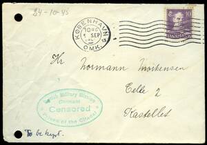 1945. Brev sendt lokalt i KØBENHAVN 5.9.45 til LANDSSVIGER indsat pÃ¥ KASTELLET. Ovalt censurstempel i grøn farve British Military Mission Denmark Censored Prison of the Citadel. –º