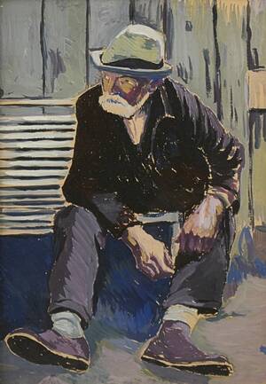 Gouache, Man på parkbänk