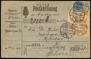 AFA 37,23By 1901. VÃ¥bentype, 1 Øre, orange 2 par og Tofarvet, 4 Øre, grÃ¥blÃ¥. I alt 8 øre pÃ¥ postanvisning sendt lokalt i KJØBENHAVN 30.9.1902. Komplet formular der aldrig er blevet indløst. Meget sjælden forsendelse. –º