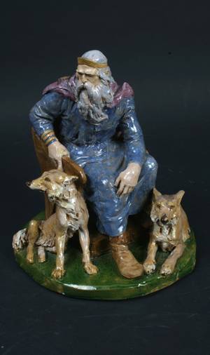 Karl Hansen Reistrup 1863-1929 Mytologisk Ler figur m. mangefarvet glasur, forestillende Odin med sine ulve