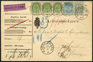 AFA 22,29,36 1875. Tofarvet, 3 Øre, blÃ¥grÃ¥ og 25 Øre, grÃ¥grøn 3-stribe samt VÃ¥bentype, 20 Øre, blÃ¥. I alt 98 øre pÃ¥ adressebrev for 1 værdipakke sendt fra KJØBENHAVN 13.6.1894 til Lund, Sverige. –º