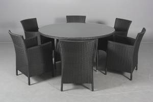 Runt trädgårdsbord och sex fåtöljer, svart polyrattan. 7