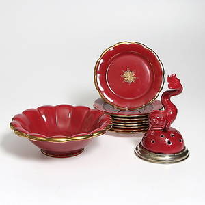 SERVISDELAR, 9 delar, Röd rubin, Art Deco, Arthur Percy, Gefle.