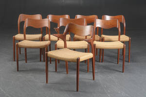 N.O. Møller. Otte stole af teak og papirgarn, model 71 og 55 8