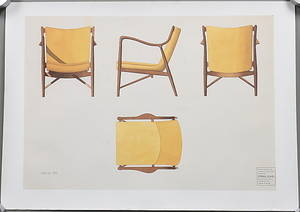 FINN JUHL. Färglitografi. Arkitektskiss. Armstol 1945 NV-45 Finn Juhl. Danmark.