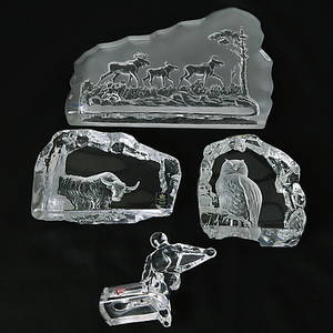 GLASBLOCK 3 st, Tjur och Uggla, Mats Jonasson, signerade. Älgar, Nybro GLASFIGURIN Orrefors.