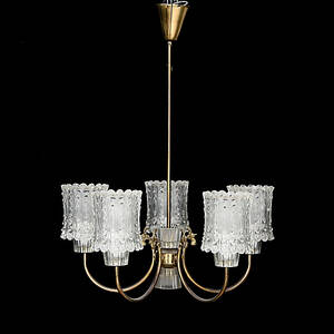 TAKLAMPA, metall och glas, Eriksmålaglas, 1900-talets mitt.