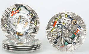 PIERO FORNASETTI. Tallrikar, porslin, Oggetti Caccia, Jaktmotiv, 6 stycken, Italien.