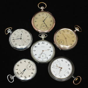 FICKUR, 6 st, bland annat Oreba, Kienzle, Roa Watch Co och Helvetia, boetter av olika material, 18001900-tal.