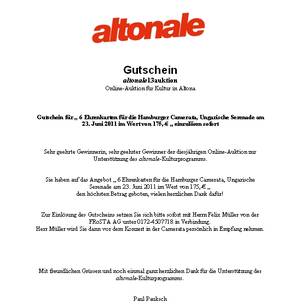FRoSTA AG, Gutschein über 6 Ehrenkarten für die Hamburger Camerata, Ungarische Serenade am 23. Juni 2011