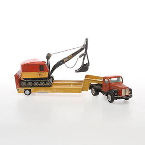 TEKNO 861 Scania med trailer samt 860 Åkerman grävskopa.