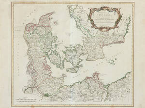 Giles Robert de Vaugondy. Kort over Danmark, Royaume de Danemarck, ca. 1750