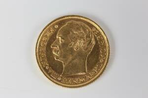 GULDMYNT, 10 Kroner, Fredrik VIII, Danmark, 1908, 21,6 k, 4,4 g
