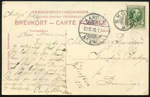 SKOVBY stjernstempel p̴ brevkort sidestemplet AARHUS-HAMMEL, 22.12.1906 м