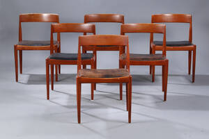 Kai Kristiansen. Sæt på 6 stole, teak og læder, model 41106