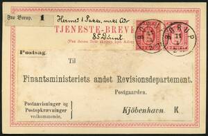 AFA 6 1875. Tjenestefrimærke 8 Øre, rød som opfrankering pÃ¥ 8 Øre Tjeneste-Brevkort –º