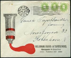 AFA 186 1930. Christian X, 5 Øre, lysgrøn 3. Brev sendt fra HELSINGØR 29.4.31 til København. Meget dekorativ firmakuvert fra Helsingør Farve- Tapethandel.