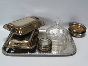 Parti diverse, 10 delar, bl. a. bricka, vincoasters m.m. nysilver, glas
