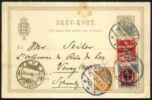 AFA 40,37,43 1904. Provisorim, 48 Øre, grÃ¥rød og VÃ¥bentype 1 Øre, orange m.v. pÃ¥ 3 Øre, DOBBELT brevkort –º